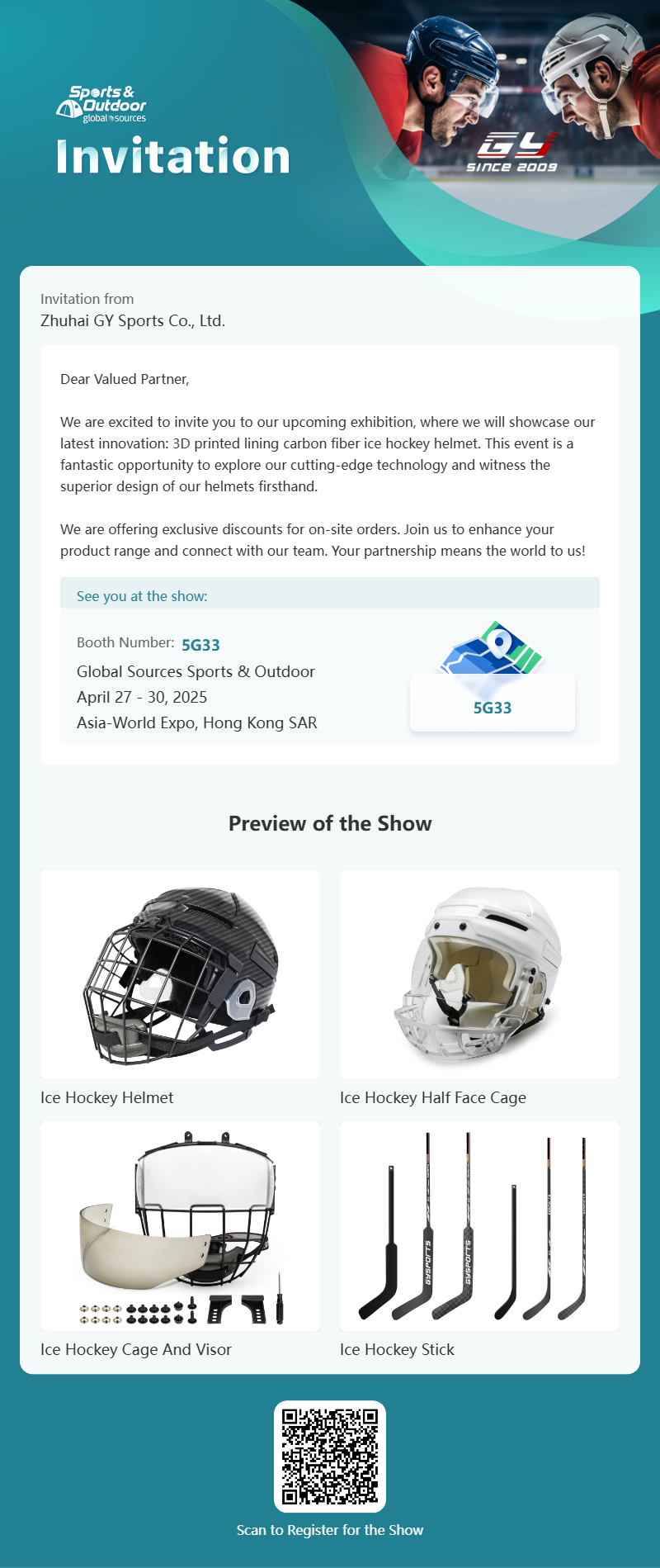 GY Global Sources Sports & Outdoor, 2025 m. balandžio 27–30 d., Asia-World Expo, Honkongo SAR, stendo numeris. 5G33